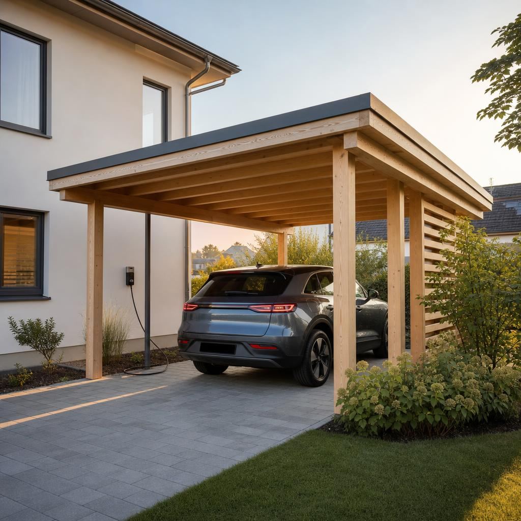 Hochwertiger Holz-Carport mit Flachdach neben einem Wohnhaus (Illustration)