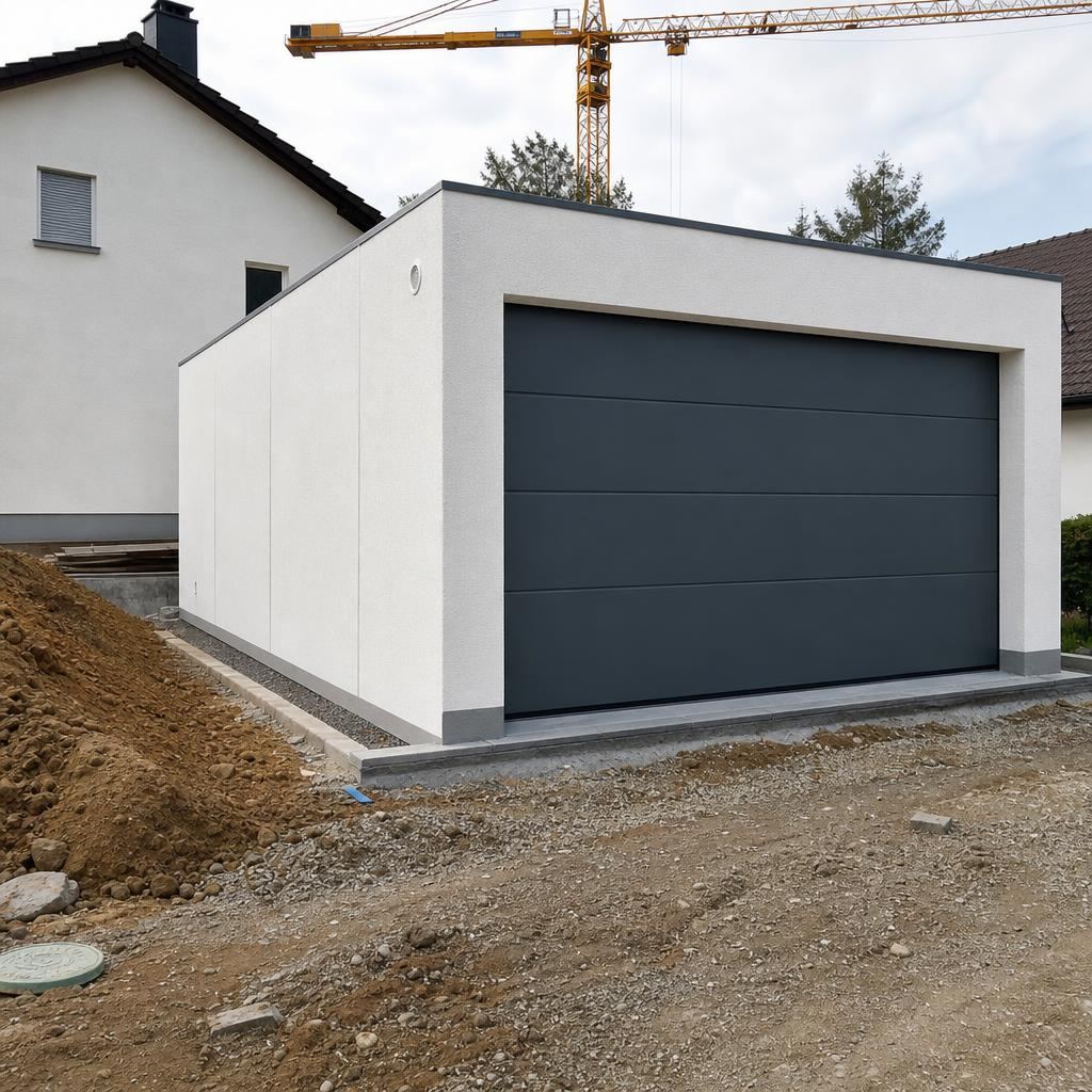 Beton-Fertiggarage bei der Aufstellung auf einem Grundstück (Illustration)