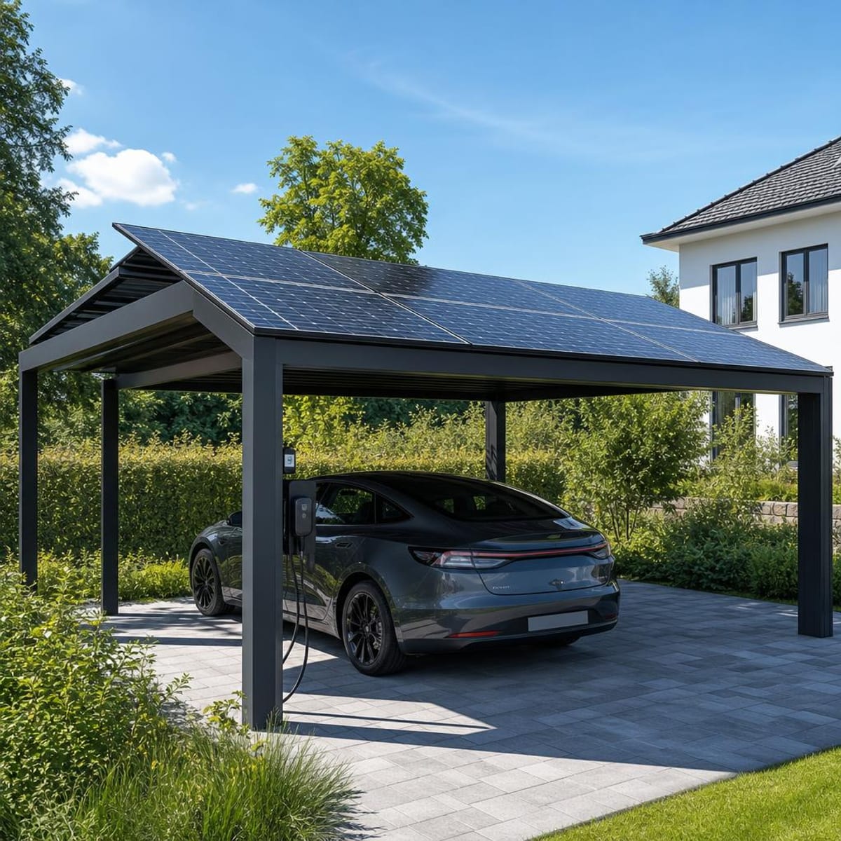 Solarcarport mit Photovoltaik-Dach, E-Auto und Wallbox (Illustration)